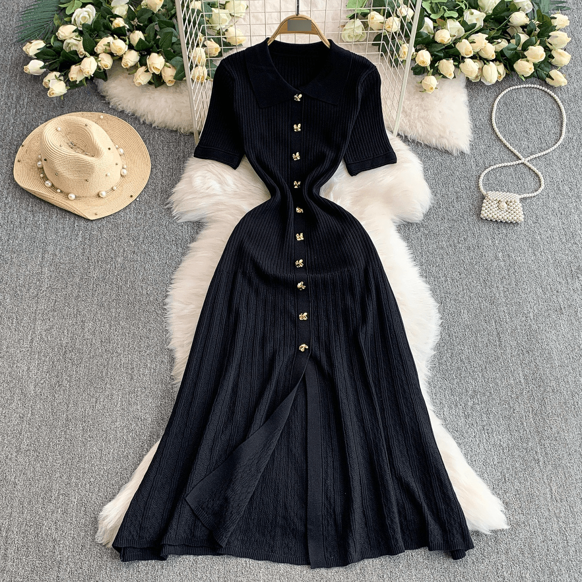 Women’s Clothing Lapel Short Sleeved Dress For Women New Style Metal Buckle Waist Slim Fishtail Hollow Knitted Long Skirt