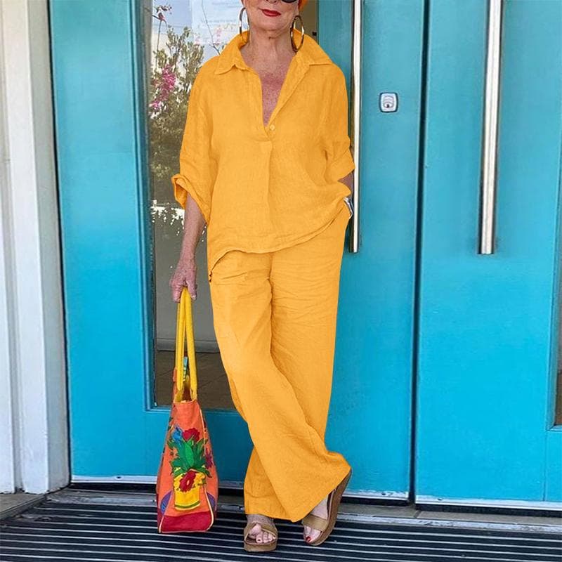 Women's Clothing Solid Color Suit Loose Lapel Shirt Split Wide Leg Pants Casual Commuting Women's Two Piece Suit