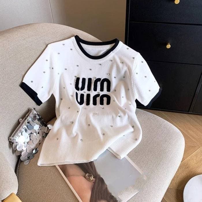 Pull en tricot à manches courtes pour femme avec motif diamant