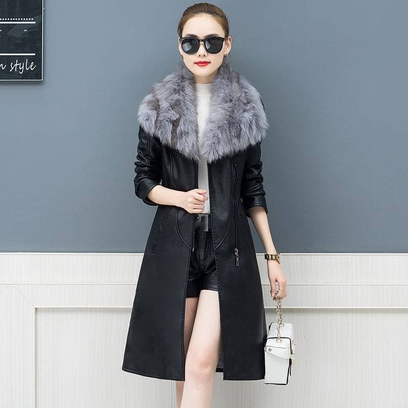 Women's Clothing Large Fur Collar Leather Jacket Winter Leather Coat Women's Mid Length Slim Fit Slim Waist