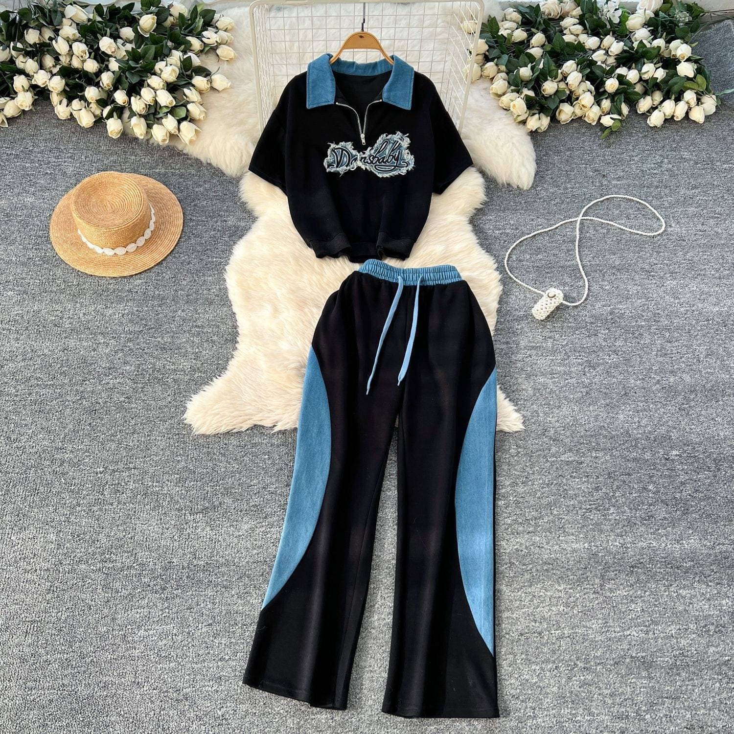 Women's Clothing Casual Sports Suit For Women In Summer Chic Fashion Retro Lapel Short Sleeved Embroidered Top High Waist Wide Leg Pants