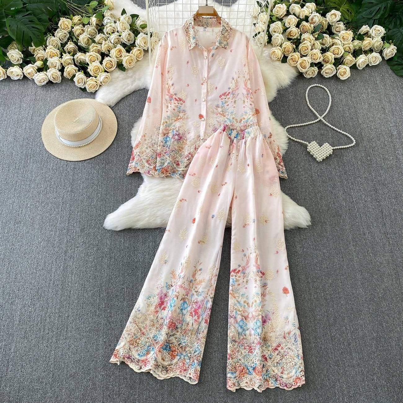 Women's Fashion Suit Casual Loose Long Sleeved Single Breasted Shirt High Waisted Slimming Tie Dye Wide Leg Pants Two Piece Set