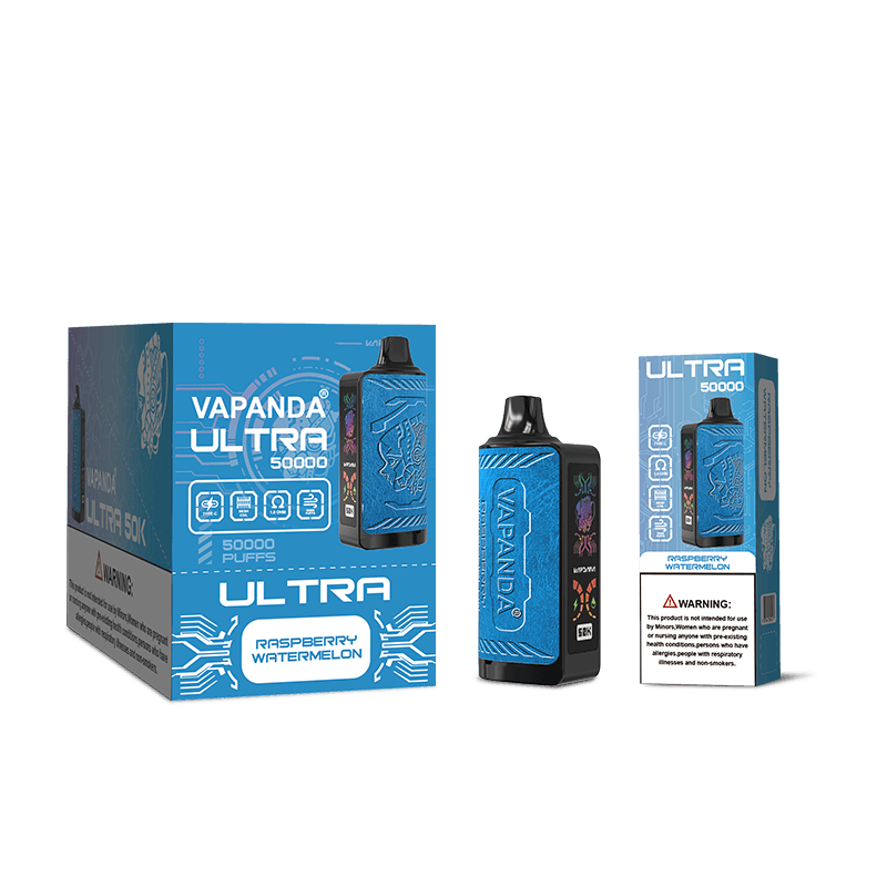 Vapanda Ultra 50k Vape, cigarette électronique jetable de luxe avec écran latéral et cuir, très tendance.