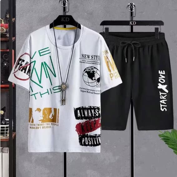 Teen Short Sleeve T-Shirt Set For Boys Round Neck Printed Sports Top With Matching Pants Junior High And Senior High School Students