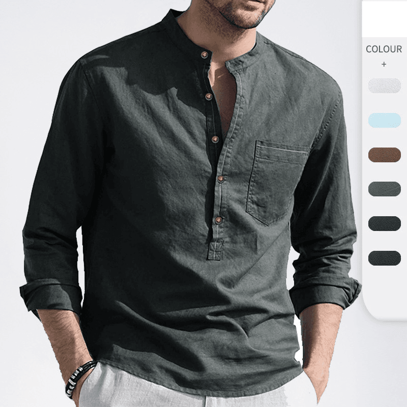 New men's solid color linen shirt long sleeve cotton and linen shirt