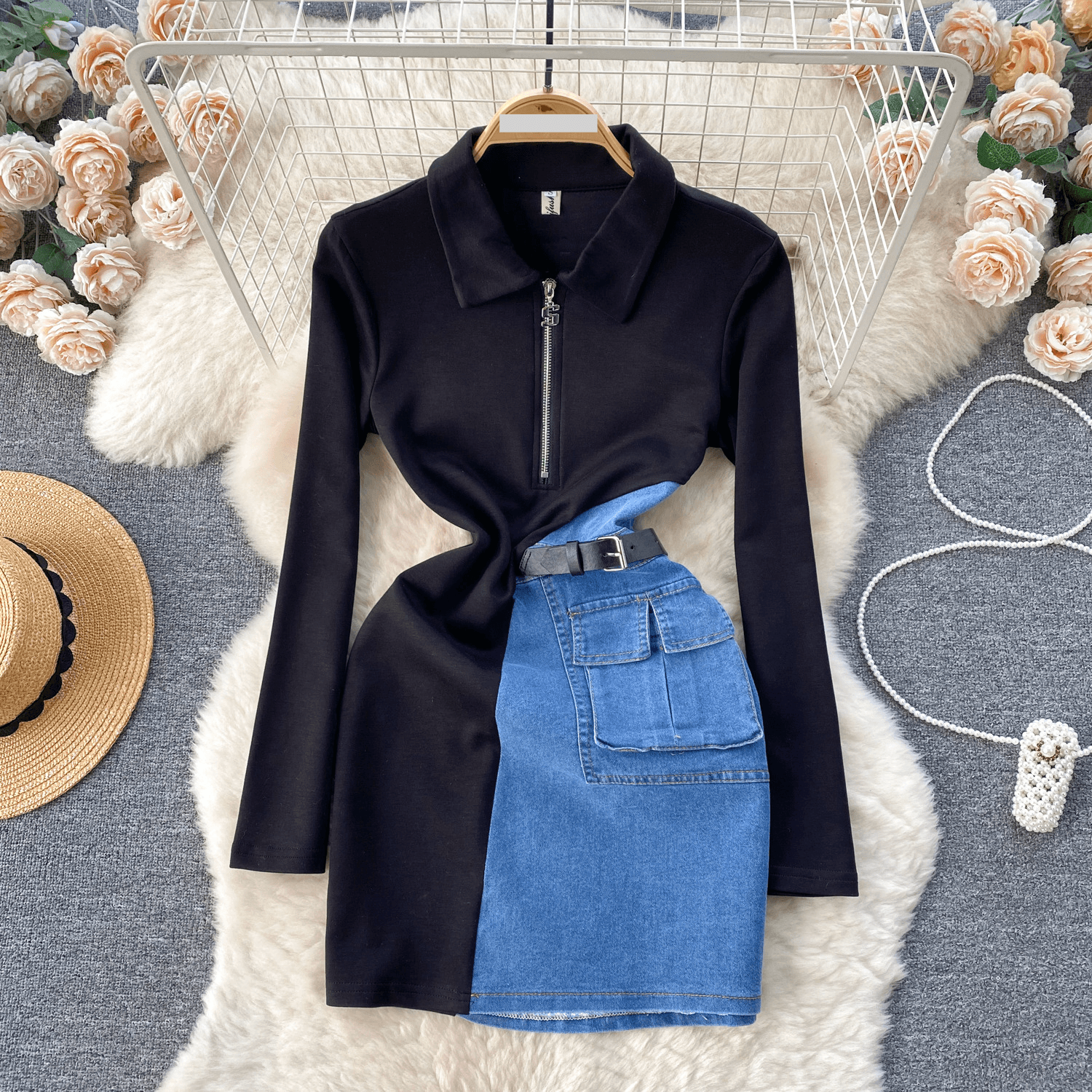 Women's Clothing 2024 Spring Women's Design Color-contrast Stitching Niche Zipper Slim Short Denim Hip Skirt Dress Women
