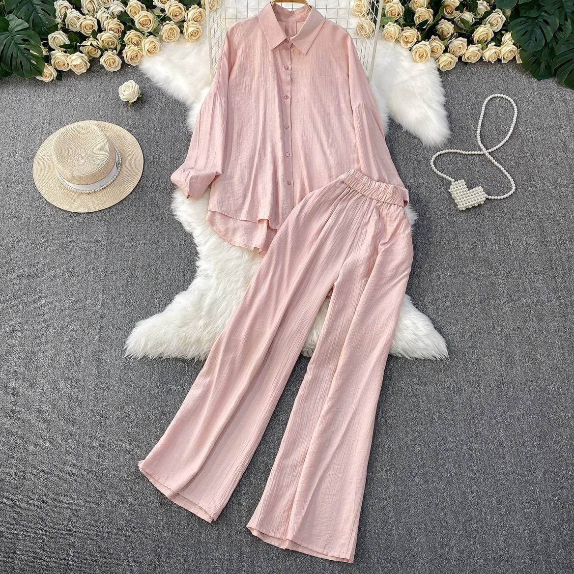 Luxury Linen-Blend Relaxed Fit Shirt & Wide-Leg Pants Set – Breathable Rayon For Summer Elegance (Pink/Mint/Black/Violet/Taupe)​