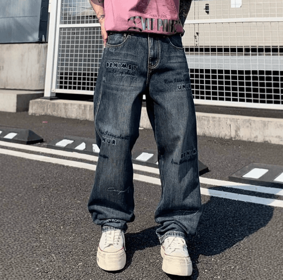 Men's Clothing Autumn And Winter New Embroidery Printing Retro Washed Jeans Men's Trendy Brand Straight Wide-leg Pants