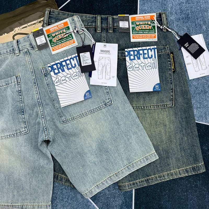 Men's Street Hip Hop Washed Edge Wide Leg Jeans Shorts Loose Ripped Mid Waist Denim Gray Spring Autumn Summer Trendy Clothing