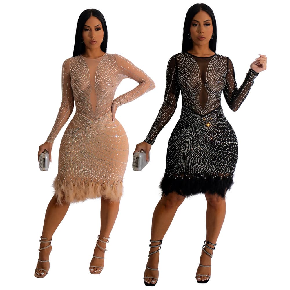 Women's Clothing Sexy See-through Rhinestone Long-sleeved Dress
