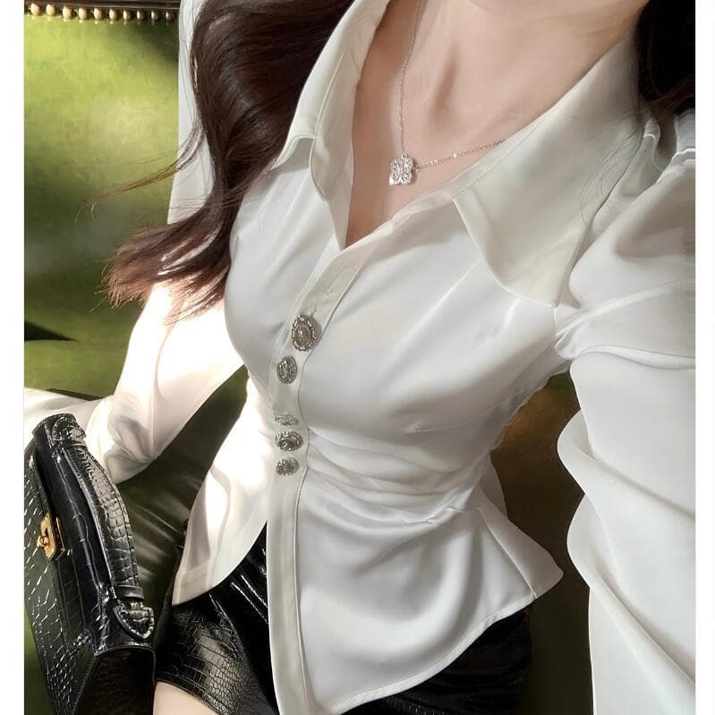 White long-sleeved shirt for women niche style autumn and winter high-end irregular French soft light satin waist slim shirt
