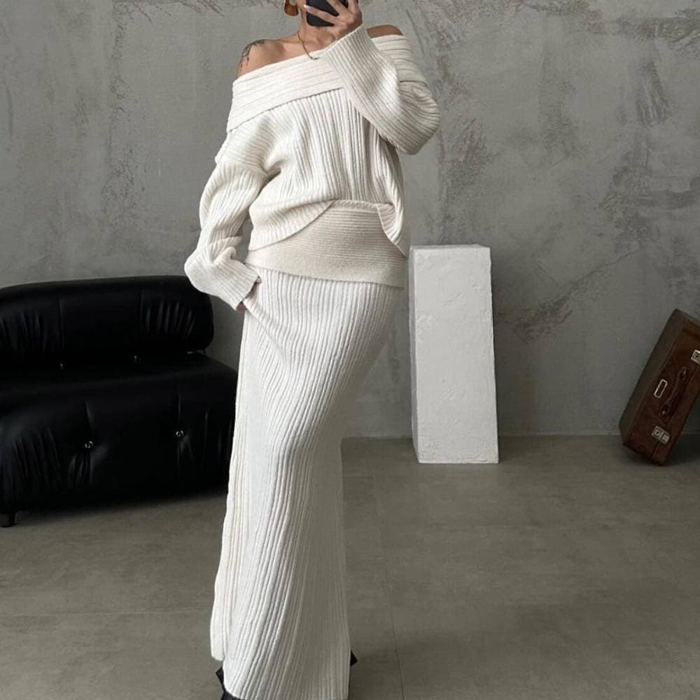 Women's Clothing One Shoulder Slim Loose Solid Color Knitted Sweater Two piece Set Long Sleeve