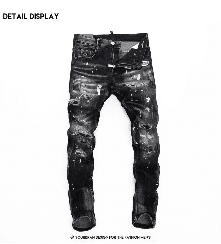 Men's Slim Fit Black Jeans With Waist Print Straight Leg Stretch Denim Pants For Casual Streetwear