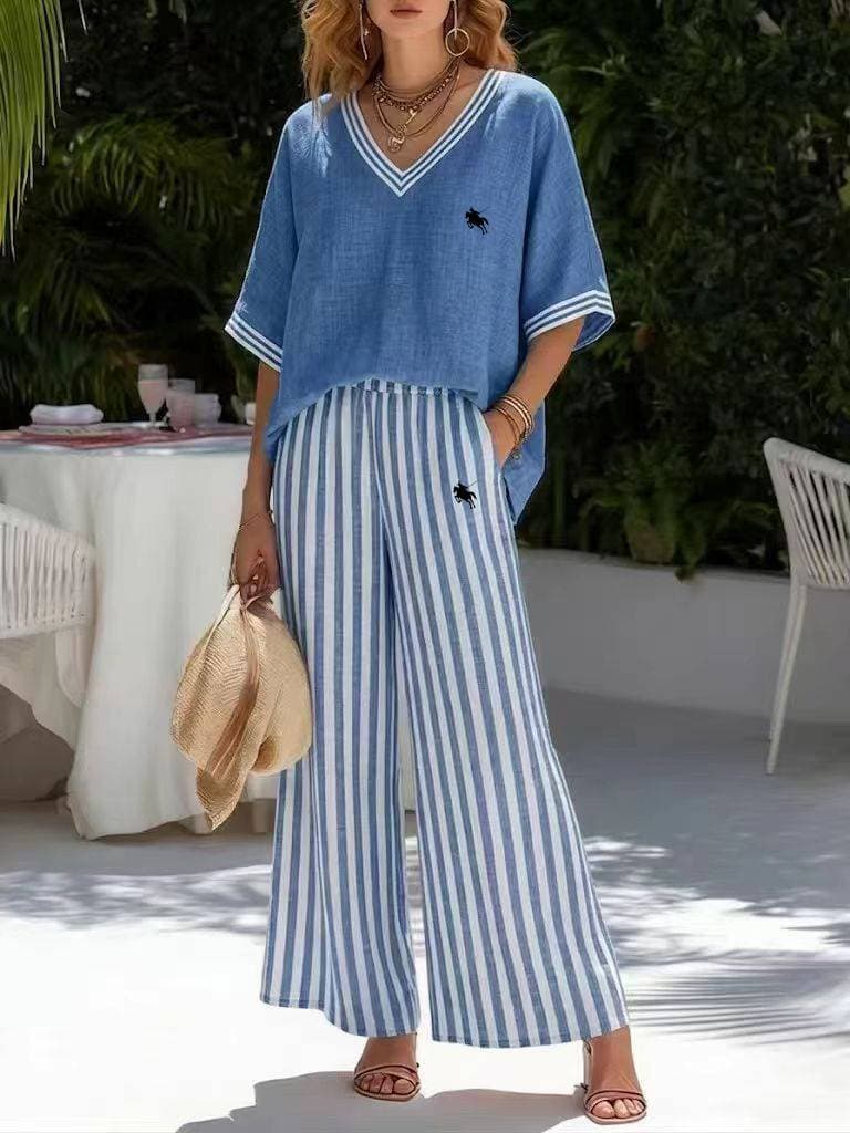 ​​Women's V-Neck Striped Wide-Leg Set - European Style Summer Two-Piece​​