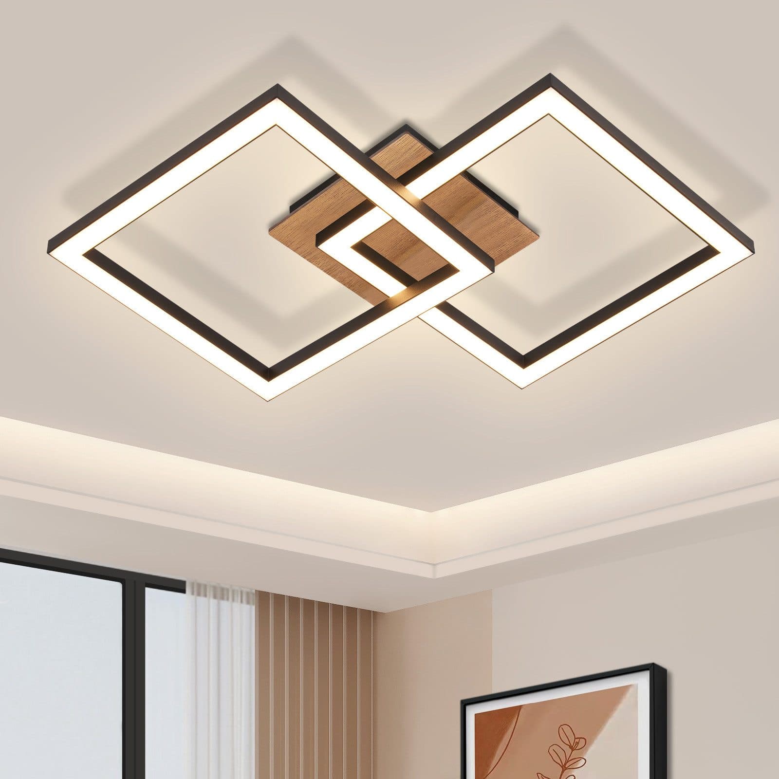 Glitzerlife LED Deckenleuchte Schwarz - Holz 3000K Warmweiß Schlafzimmerlampe Modern 24W Eckig Flurlampe
