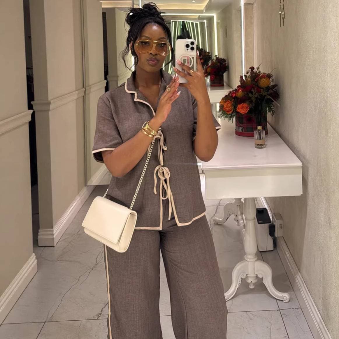 Women's European And American Style Strapped Design Color-Block Short Sleeve Shirt And Wide Leg Pants Two-Piece Casual Versatile Set