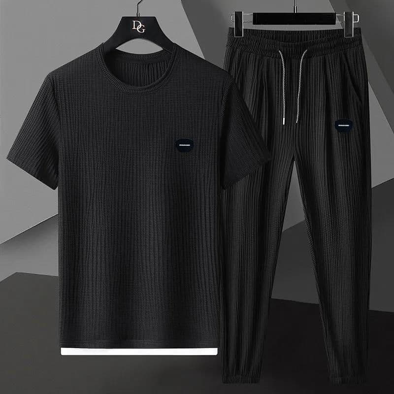 Men's Summer High-End Ice Silk Sports Suit Short-Sleeved Pleated Trousers Two-Piece Casual Leisure Suit For Holiday