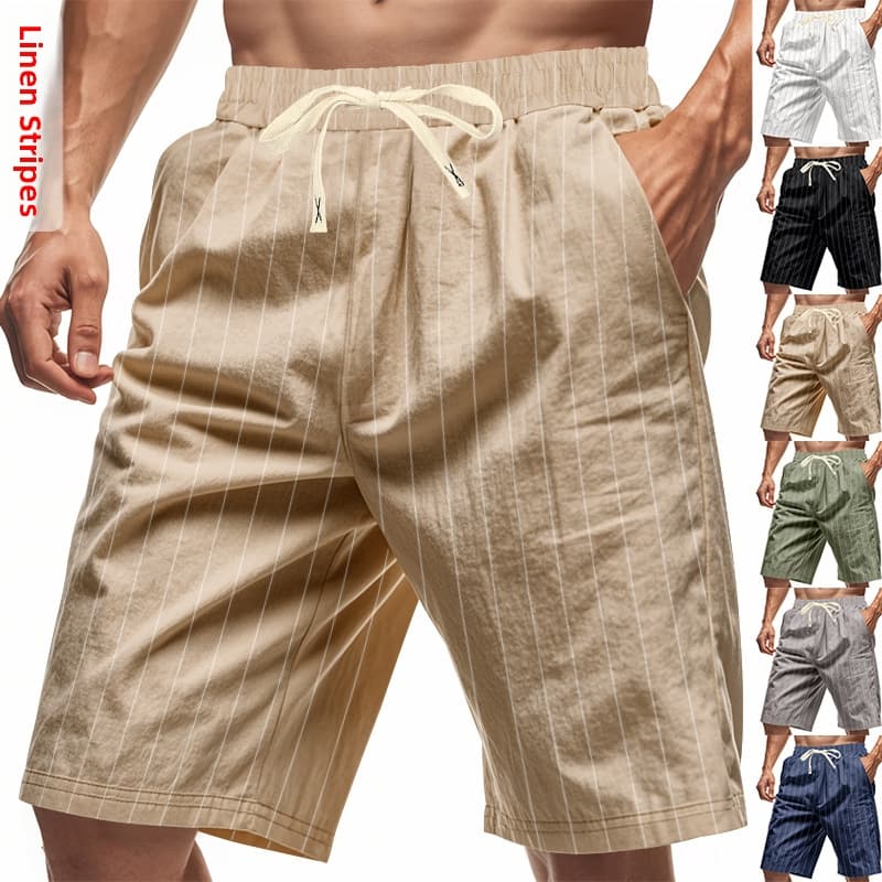 Men's Loose Fit Breathable Striped Linen Shorts American Style Casual Drawstring Five Point Summer Bottoms