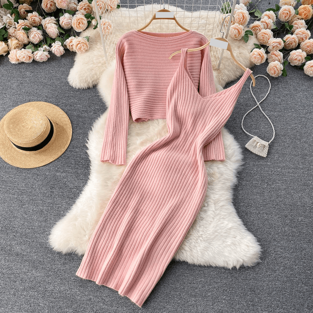 Women's Clothing retro chic short sweater top suspender V-neck temperament hip-hugging dress layered two-piece suit