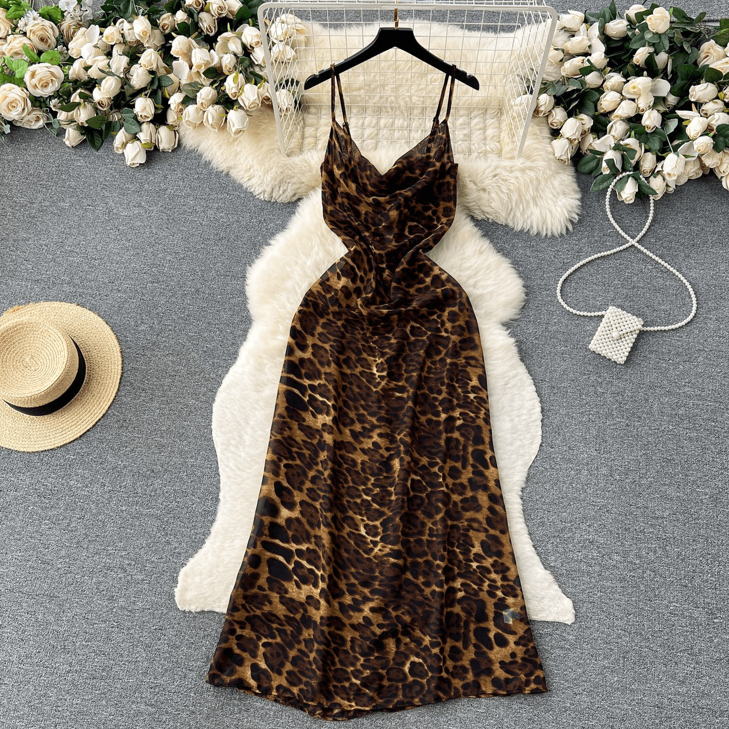 Women's Clothing Sexy Hot Girl Leopard Print Suspender Thin Waist Slimming Sway Collar Dress Long Skirt