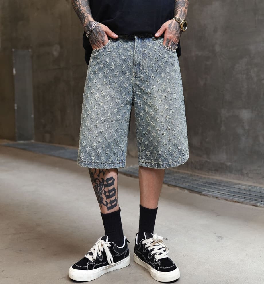 [UrbanRebel] Men's Distressed Jacquard Shorts - Vintage Washed 5" Denim | Streetwear Casual