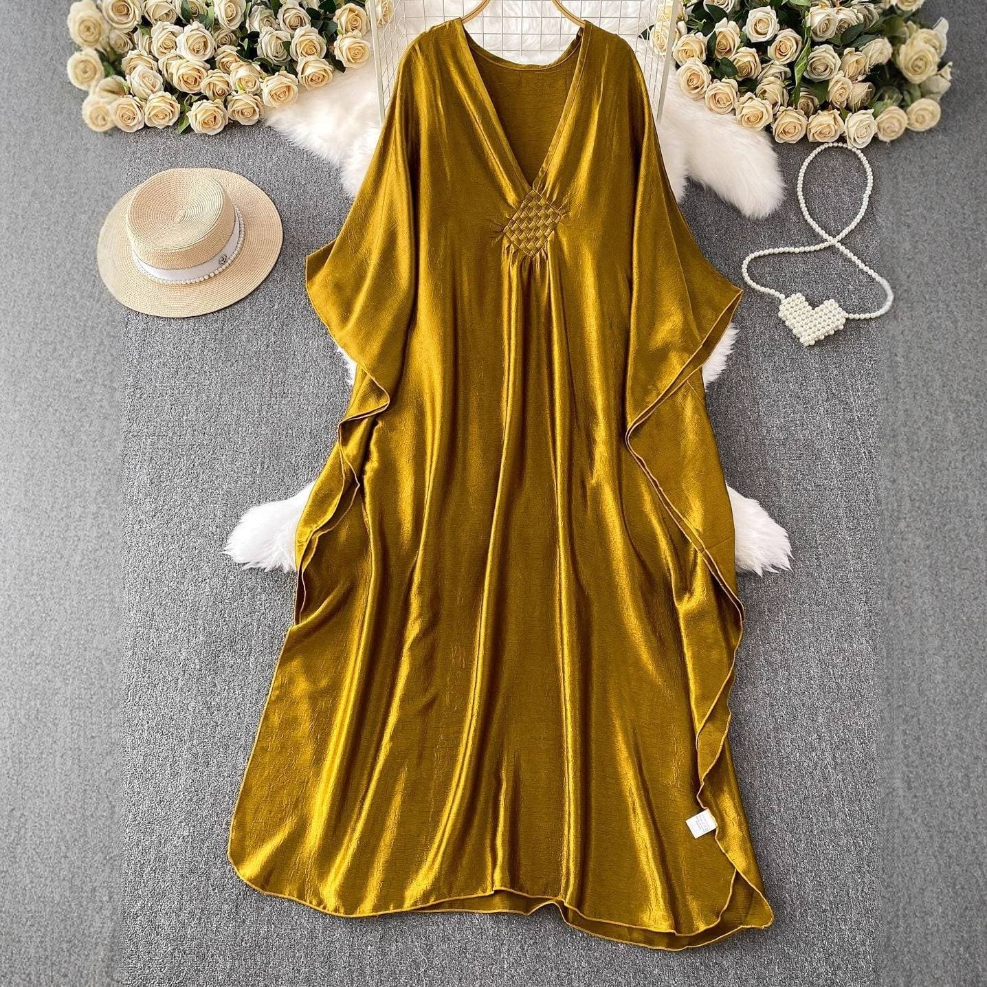 ​​Ethnic Style V-Neck Bell Sleeve Maxi Dress – Vintage Satin Dress With Loose Fit & Flowy Silhouette​​