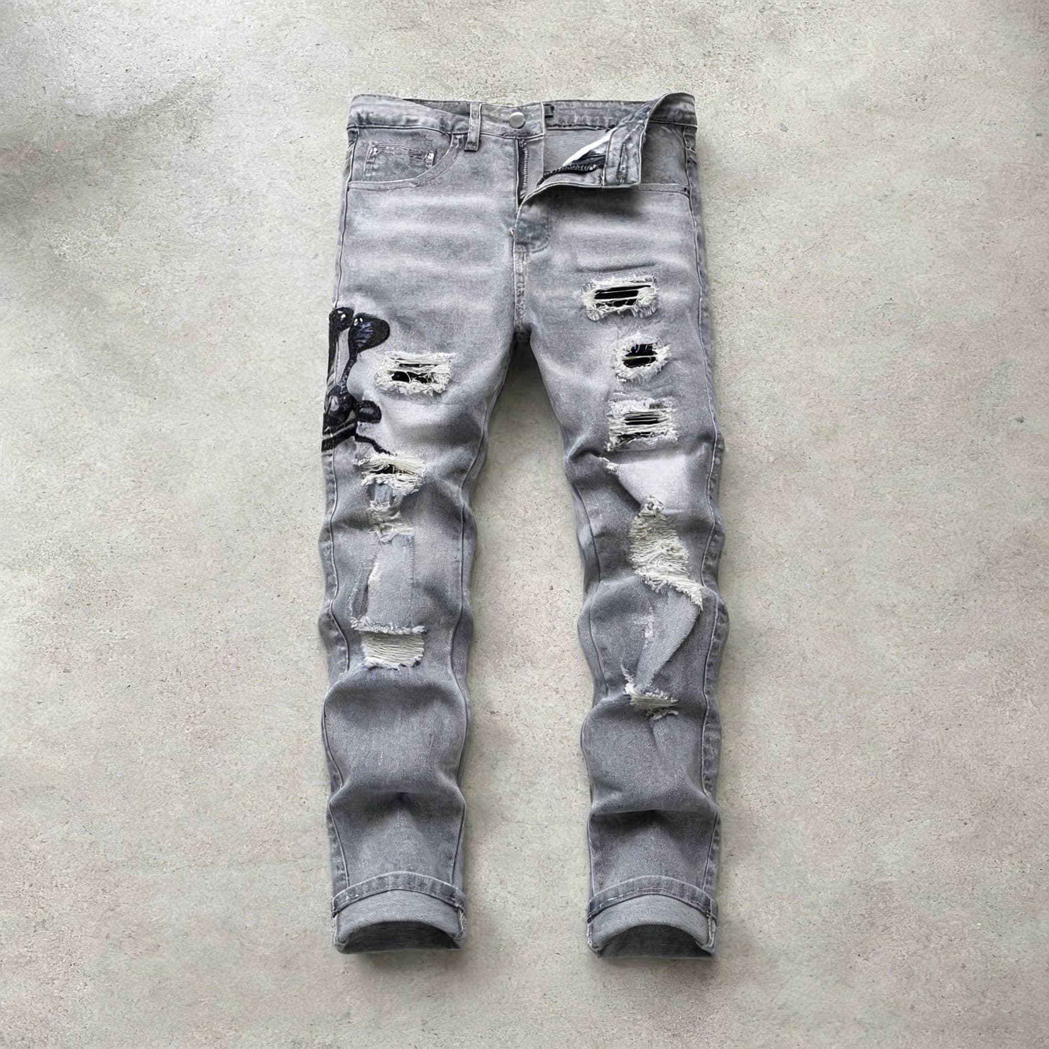 European Men's Light Blue Ripped Embroidered Jeans Men's Trendy Elastic Slim Fit American High Street Trousers