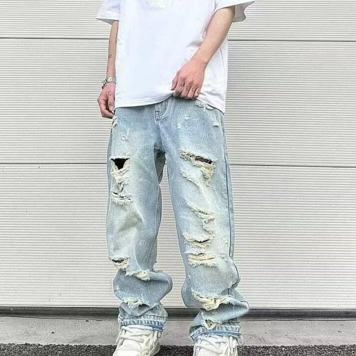 ​​Men's Distressed Washed Blue Jeans – Relaxed Straight Fit With Ripped & Whisker Details | Streetwear Casual Pants​​