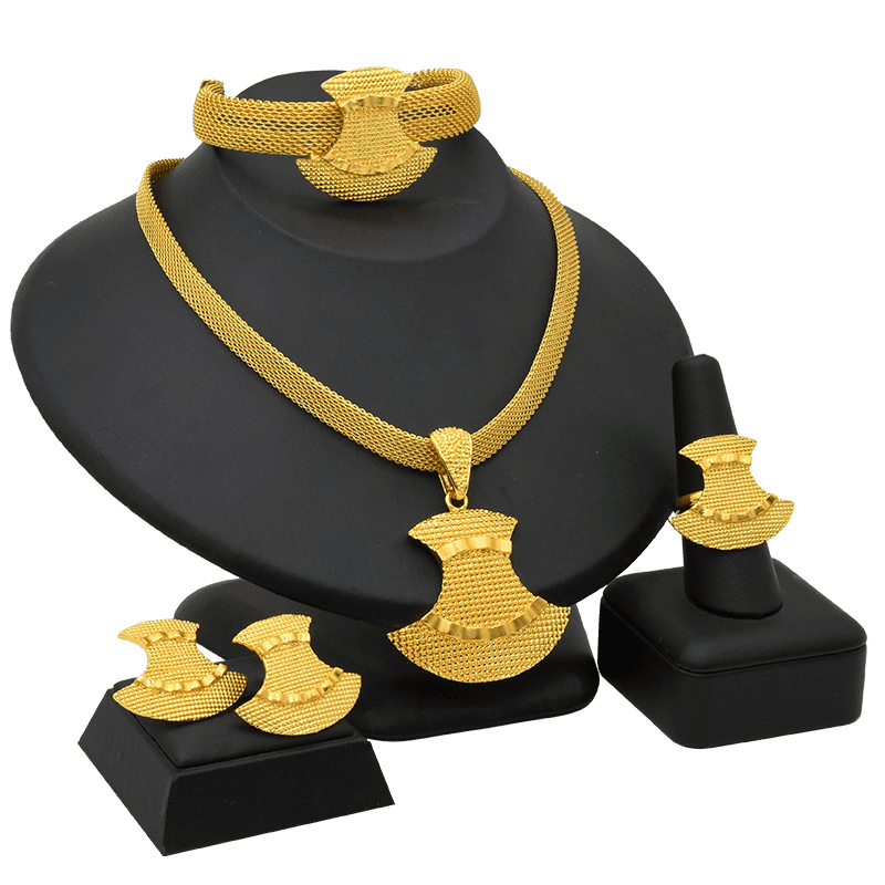 Gold plated necklace Earrings Ring bracelet set Bridal jewelry set
