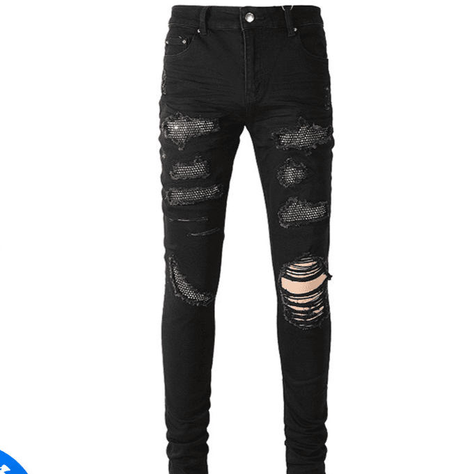 Men's Clothing men's jeans black cat whisker patch diamond jeans youth slim fit skinny men's pants