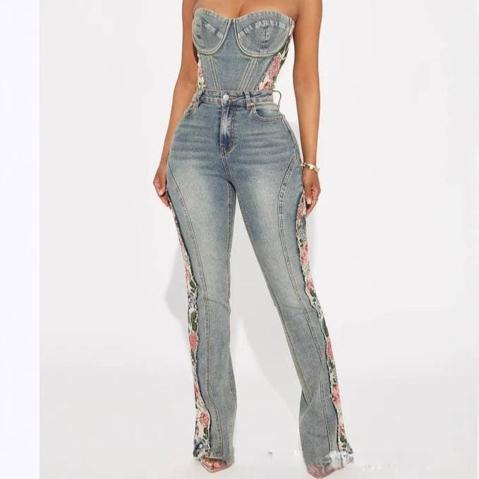 Women's Clothing Floral Denim Flared Pants New Products