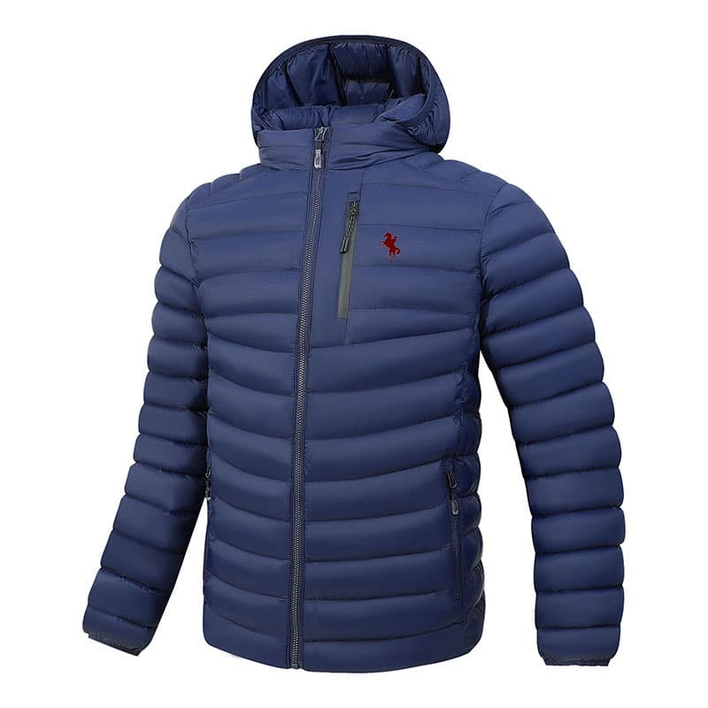 Men's Quilted Puffer Jacket With Pony Print, Winter Windproof Warm Hooded Coat, Thickened Outdoor