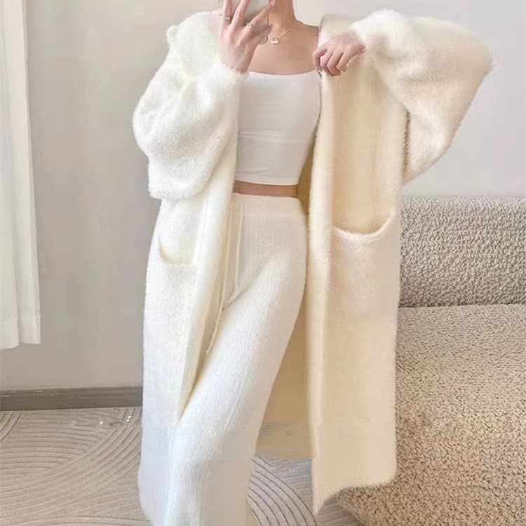 Women's Clothing New Long Mink Fleece Knitted Cardigan Lazy Style Loose Hooded Sweater Jacket