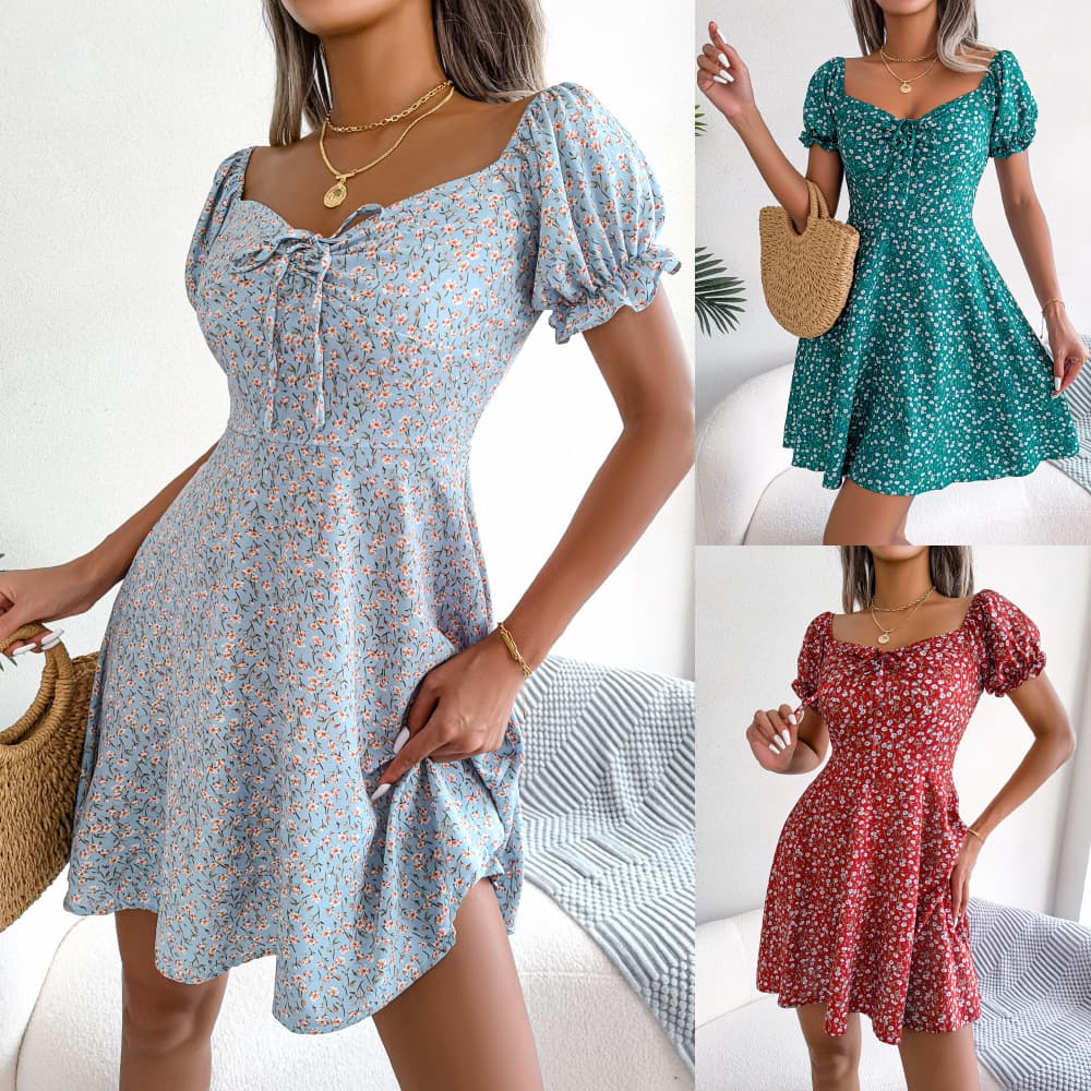 Women's Clothing Ins Style Real Shot Spring And Summer Casual Flared Sleeve Drawstring Lace Floral Hem Dress