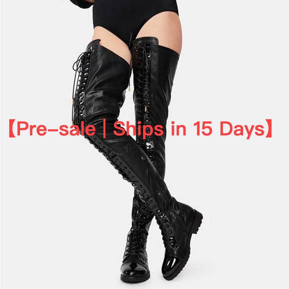 【Pre-sale | Ships In 15 Days】Women's Shoes New Style Lace Up Side Zipper Low Heeled Long Leg Over The Knee Boots Large Size Women's Boots 40 43