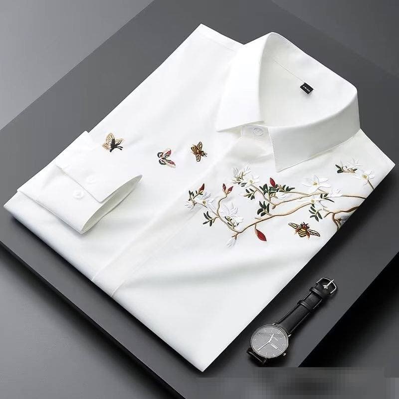​​Men's Slim-Fit Long Sleeve Shirt – Embroidery, Wrinkle-Resistant & Breathable For Casual & Smart Wear​​