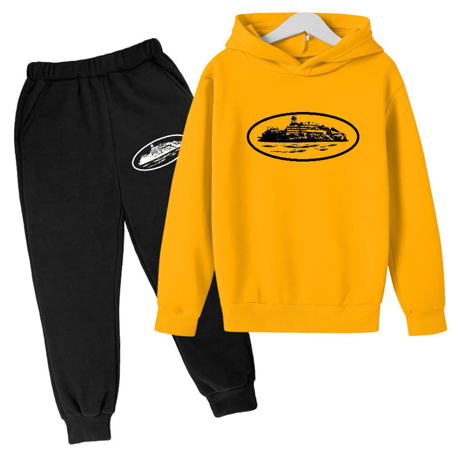 Ensemble deux pièces pour enfants, sweat-shirt à capuche ample, décontracté, en polaire, pour garçons et filles, automne et hiver