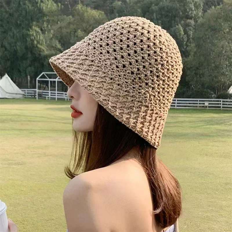 Hot Sale New Fashion Designer Wide Brim Women Bucket Summer Straw Woven Sun Visor Hats Hollow Hat Striped Beach Cap