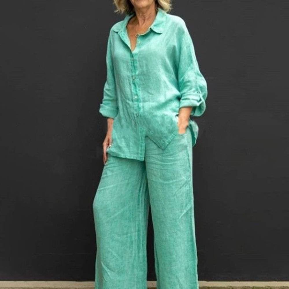 Women's Clothing Casual Solid Color Back Slit Design Short Sleeved Two Piece Suit