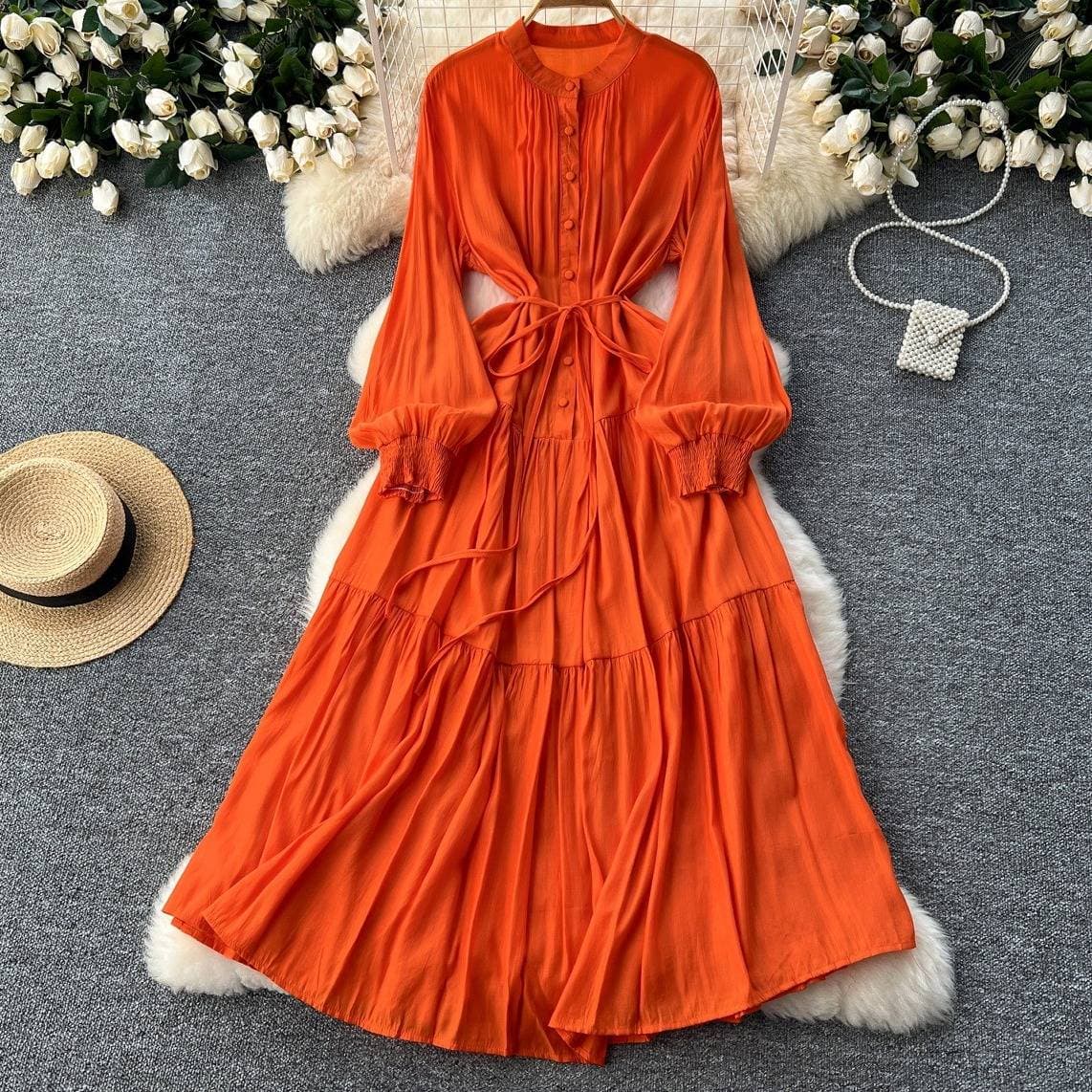French Retro Elegant Women's Dress With Belted Waist, Loose Fit, Button Front, Knee-Length A-Line Shirt Dress