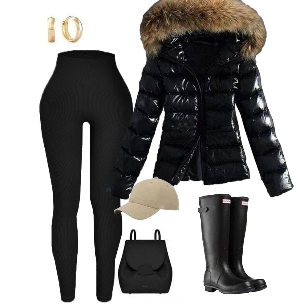Women's Winter Fur Hooded Puffer Jacket, Warm Waterproof Down Coat with High-Waisted Leggings, Stylish Casual Outfit for Cold Weather