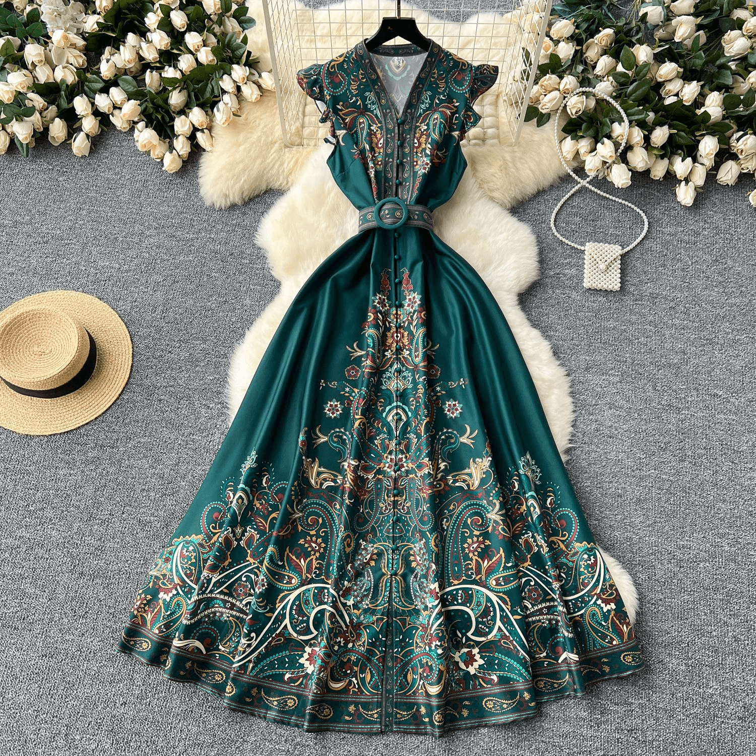 Women's Clothing Small Flying Sleeve Tight Waist V-neck Single-breasted Printed Dress Vintage Long Dress