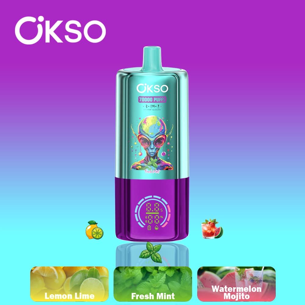 Vape 70K Triple Saveur OKSO 3EN-1 70000 Bouffées Dispositif de Vape Jetable 48ml E-Liquide Prérempli Écran Type-C Support de Cigarette Rotatif Vap