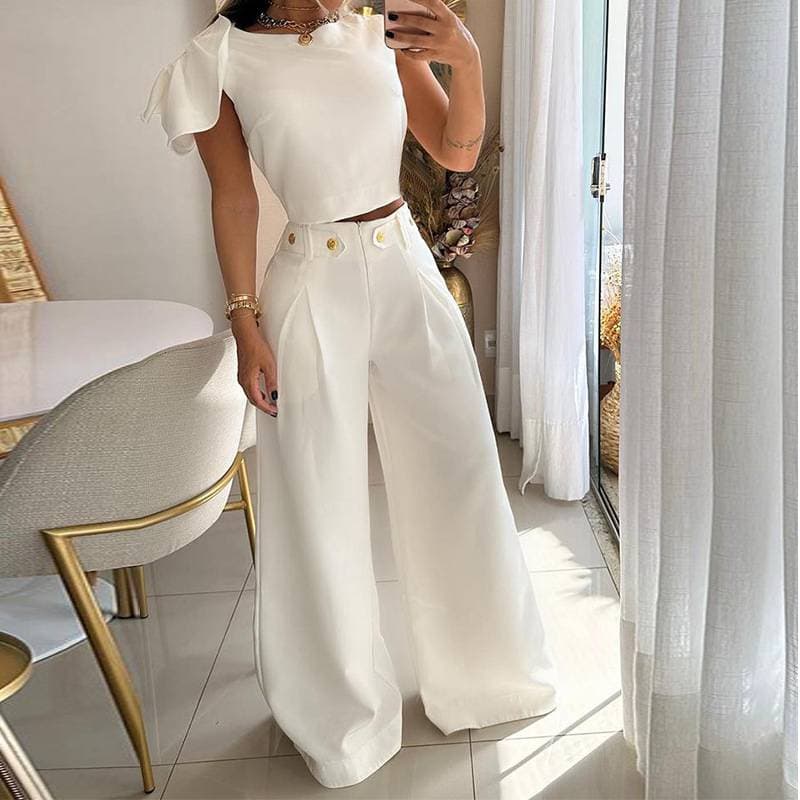 Women's Fashion Solid Color Single Room Petal Sleeve High Waist Temperament Pants Suit For Women