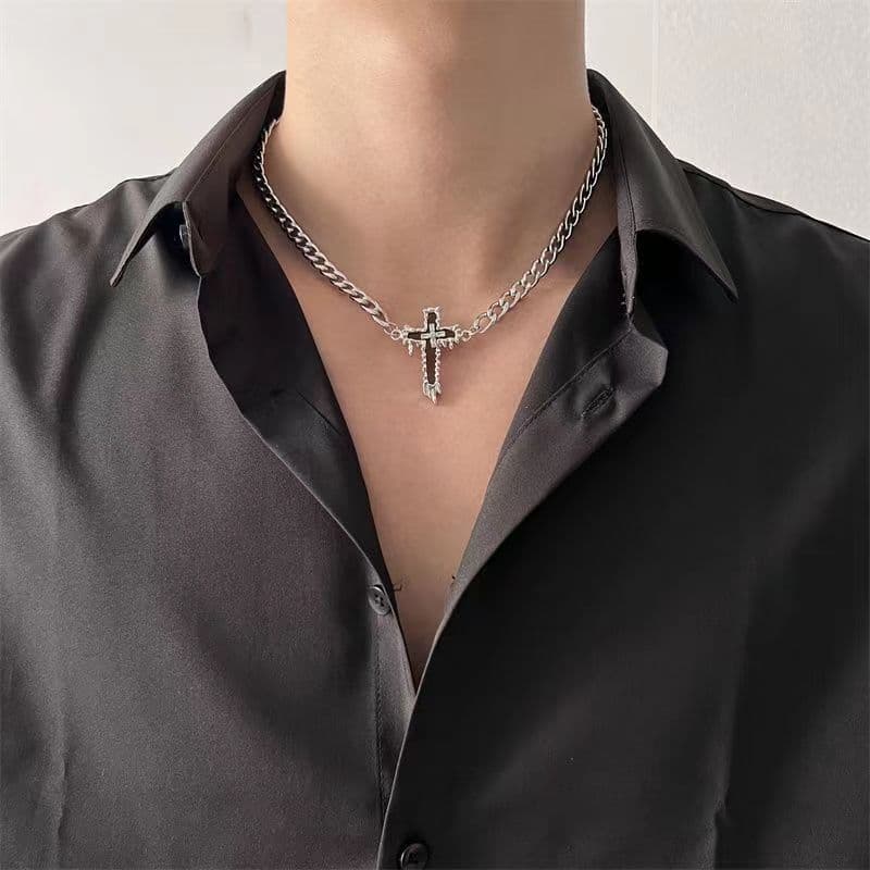 Titanium Steel Cuba Thick Chain Cross Cold Style Men's Necklace Niche High-end Women's Hip-hop Collarbone Sweater Chain