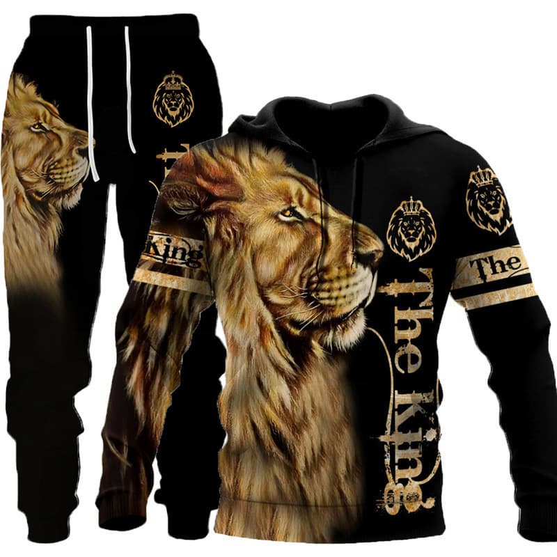Lion Tiger 3D Digital Print Hooded Sweatshirt Spring Autumn Men's Hooded Set
