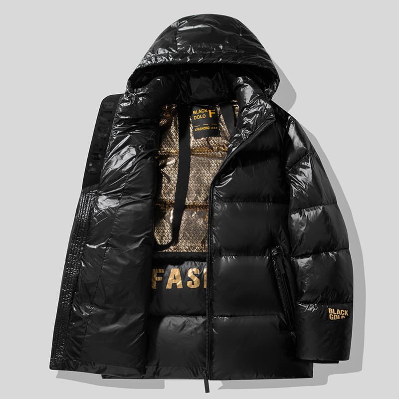 Men's Premium Black & Gold Winter Jacket – Short Puffer Coat With Hood, Warm & Stylish Cold-Weather Essential​