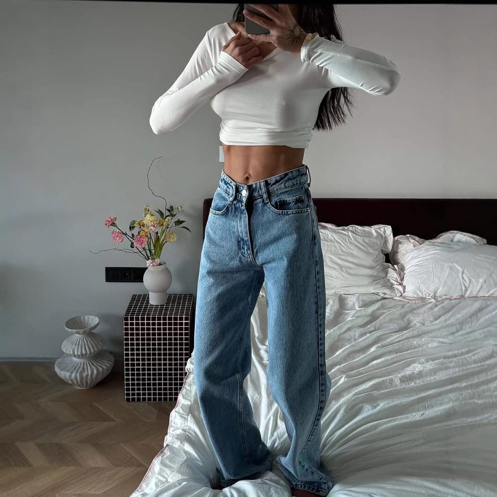 Women's Clothing Classic High Waist Loose Slim Hot Girl Jeans Washed Blue Street Style Wide Leg Trousers For Women