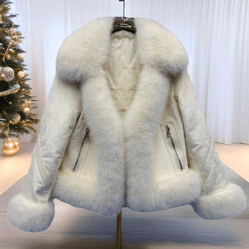 ​​Trendy Quilted Faux Fox Fur Coat For Women – Winter Loose Fit Coat (M-XXXL, Beige/Apricot)​​