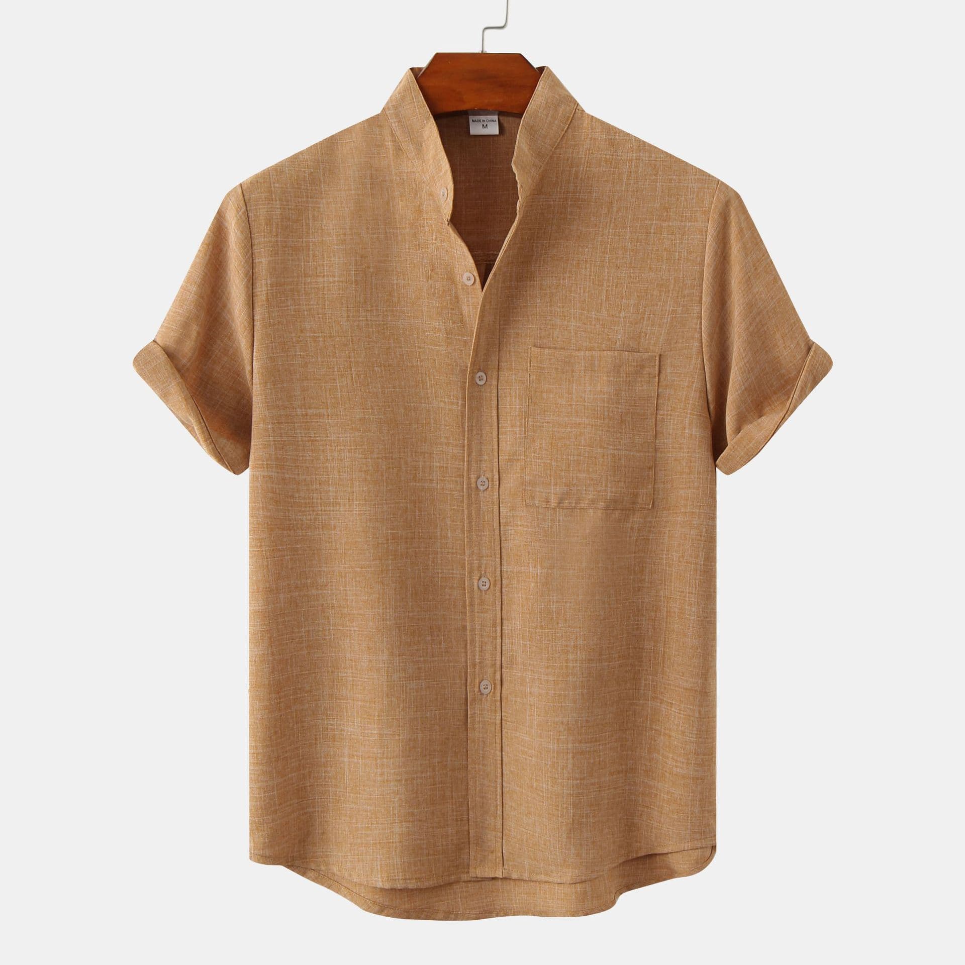 2024 New Standing Collar Casual Loose Pullover Button Men's Solid Short Sleeve Shirt